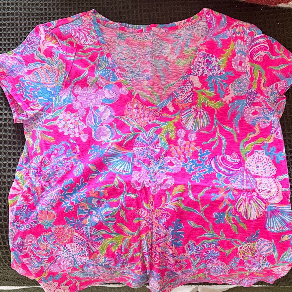 Lilly Pulitzer Pink and Blue Floral Short Sleeve Top